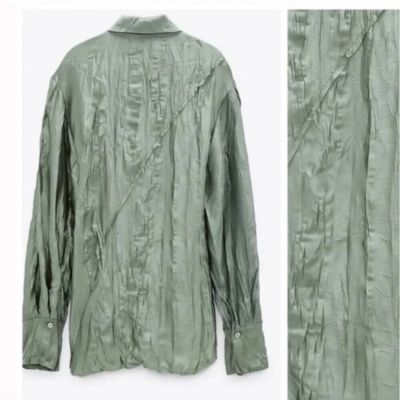 ZARA Creased Wrinkle Effect Silky Pale Green Button Up Long Sleeve Top Large - Picture 4 of 6